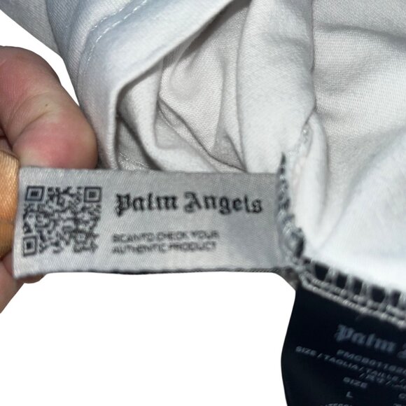 Palm Angels White T-Shirt With Blue & Black Print Short Sleeve Crew Neck Cotton - Picture 9 of 11